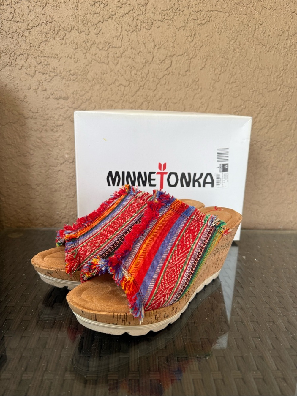 Minnetonka Multicolor Fringed Wedge Sandals